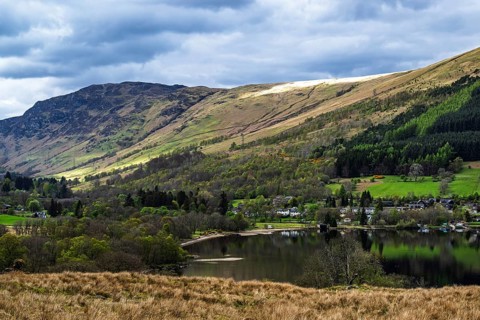 Farm and mountains, Loch Earn, Southern Highlands, Scotland, United Kingdom