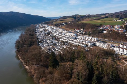 Drone image, housing estate, apartment blocks and high-rise estate, Puchenau, Linz Land district,