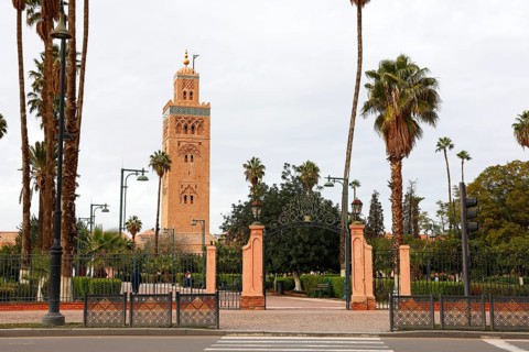 Koutoubia mosque with minaret, landmark of Marrakech, historic old town, Medina, UNESCO World