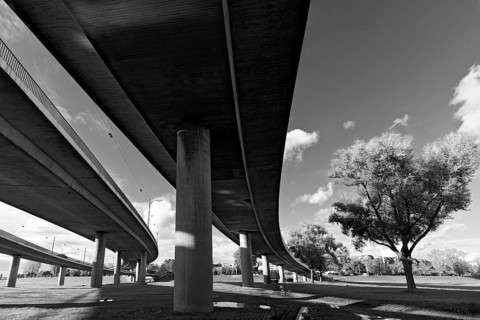 Curved ramp bridges, approach to the Rheinknie Bridge, cable-stayed bridge from 1965, Düsseldorf,