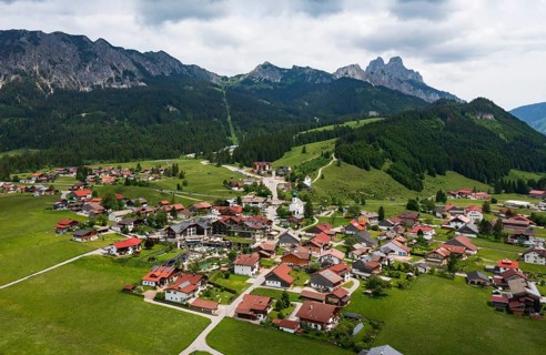 Drone image, view of the village, Grän, Tannheimer Tal, Reutte district, Tyrol, Austria
