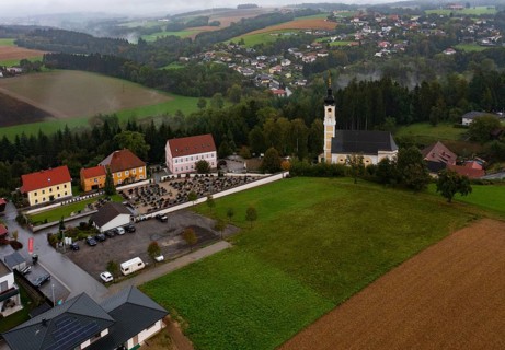 Drone image, residential buildings, view of village with church, Brunnenthal, Innviertel, Upper