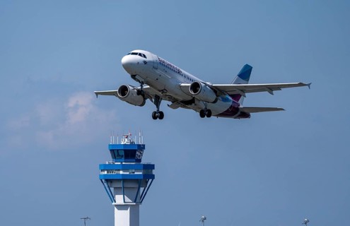 Eurowings Airbus taking off at Cologne-Bonn Airport, CGN, North Rhine-Westphalia, Germany Air