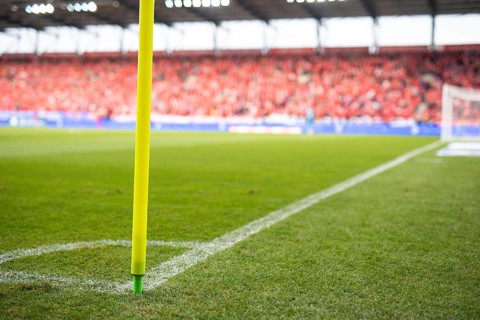 Corner of the pitch during soccer match in Lodz, Poland