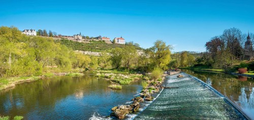 The Dornburg Palaces across the Saale River with Weir, Renaissance Castle, Rococo Castle and Old