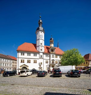 Eisenberg town hall from the 16th century on the market square, old town of Eisenberg,