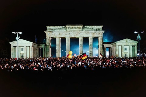 Historic photo of the reunification ceremony on October 3, 1990 at the Brandenburg Gate, Berlin,