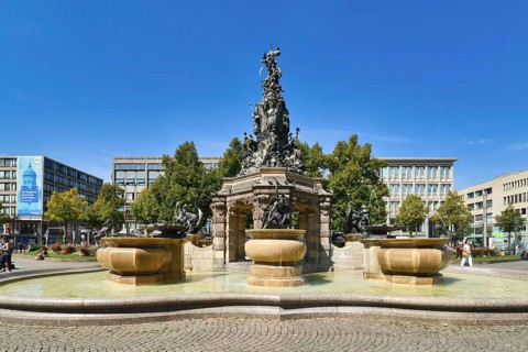Mannheim, Germany, September 2021: Fountain with sculptures called 'Grupello Pyramid' with