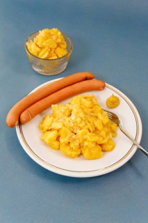 Swabian cuisine, potato salad with string sausages, Wienerle, Wiener sausages, thin boiled sausage,