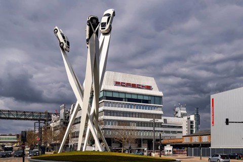 Porscheplatz Stuttgart Zuffenhausen with Porsche Museum and headquarters. Inspiration 911 artwork