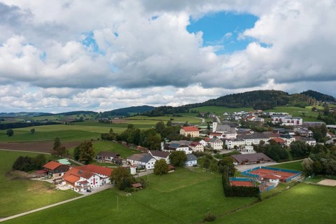 Drone image, view of the village with parish church, Grünbach near Freistadt, Mühlviertel, Upper