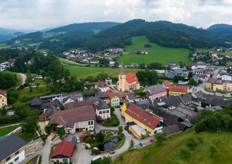 Drone image, view of the village, Waldhausen im Strudengau, Mühlviertel, Upper Austria, Austria