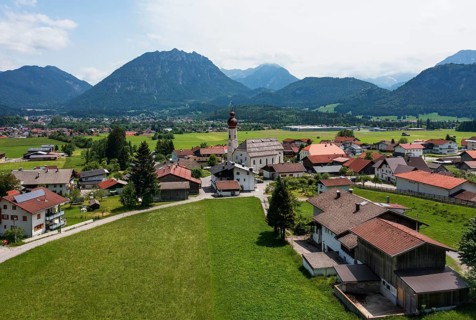 Drone image, view of the village with parish church, Wängle, Rettener Becken, Tyrol, Austria
