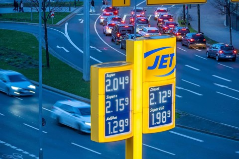 Gas station, high fuel prices due to the war in the Middle East, display board, jet gas station at