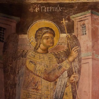 Ancient fresco of an angel with halo and rich robe, monastery, Moni Thari, near Gadouras reservoir,