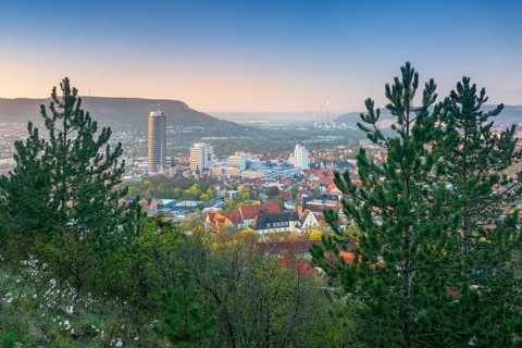 City view in the first morning light with JenTower and Friedrich-Schiller University, view from the