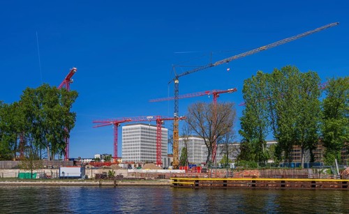 Architecture and landscape on the banks of the Spree in Berlin Mitte, Germany