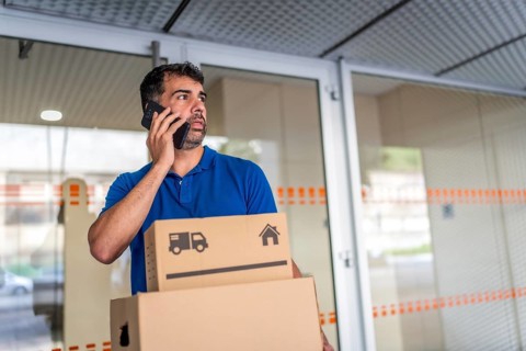 Delivery person talks on the phone to deliver some packages at the entrance of a building