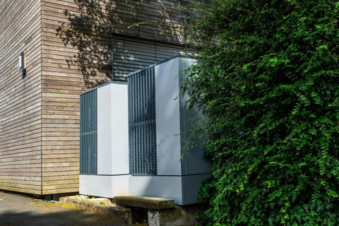 Two heat pumps in front of a house in Düsseldorf, Germany