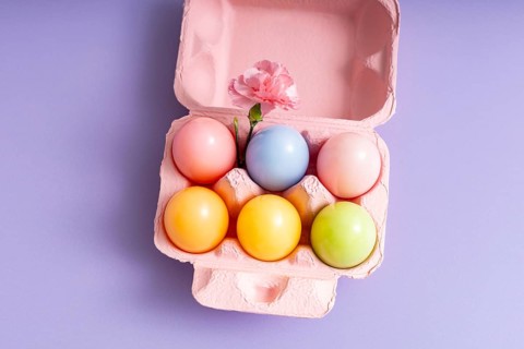 Top view of a pastel colored egg carton featuring Easter eggs alongside a delicate flower,
