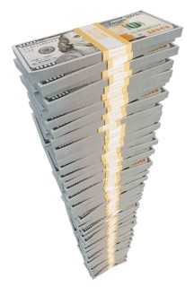 Tall stack of one million dollars in one hundred dollar bills isolated on a white background