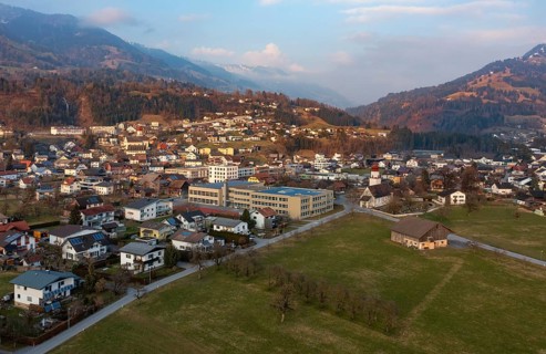 Drone image, residential buildings, settlement area, parish church, Thuringia, Großes Walsertal,