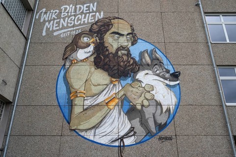 Painting by Philipp Melanchton on a wall of the Melanchton Gymnasium, Nuremberg, Middle Franconia,