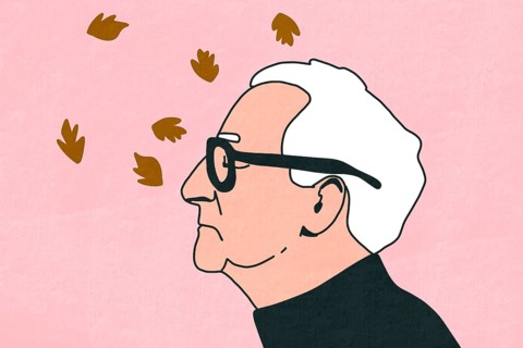 A minimalist illustration of an elderly profile in glasses with falling leaves on a pink background