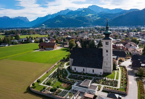 Drone image, view of village with parish church, Oberalm, Flachgau, Salzburg province, Austria