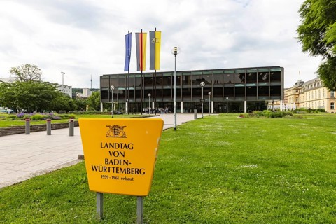 House of the state parliament of Baden-Württemberg, state parliament building in Stuttgart. Flags