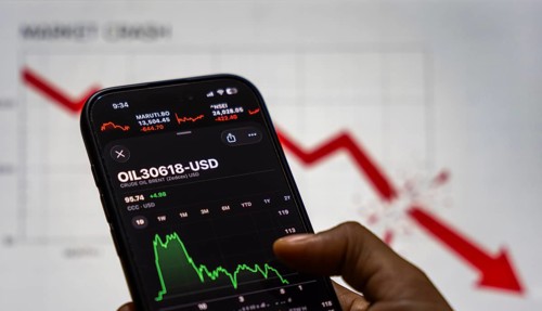 In this photo illustration, a smartphone displays the crude oil price in USD on March 09, 2026 in