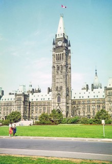 Peace Tower, the central bell and clock tower of the Centre Block on Parliament Hill, Ottawa,