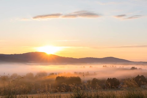 Oberlausitzer Bergland with fog at sunrise, view from Callenberg, Schirgiswalde-Kirschau, Saxony,