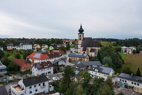 Drone shot, view of village with church, Eberstalzell, Traunviertel, Upper Austria, Austria