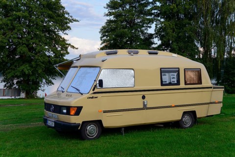 Yellow motorhome standing in a meadow with trees in the background, looks ready for the next