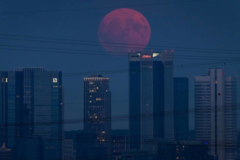 The red full moon passes over Frankfurt's banking skyline. Because of its reddish colour when it