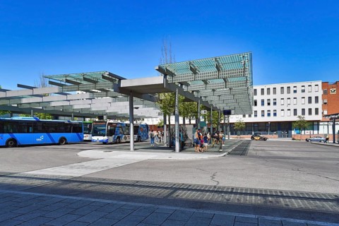 Kaiserslautern, Germany, August 2022: Central bus station at 'Guimaraes Platz' town square in front
