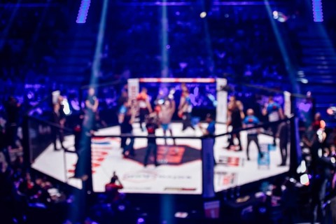 Blurred background of mma fight ring with fighter champion decoration