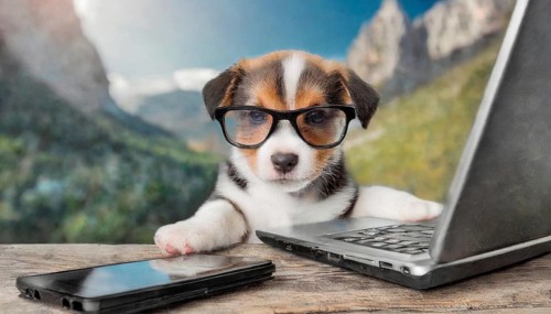 Symbol photo, dog, a puppy with glasses, doing business with a laptop and a mobile phone, AI