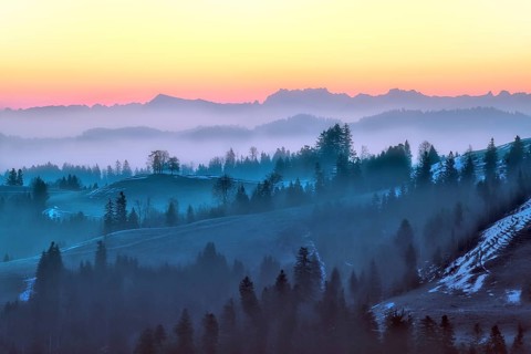 Morning atmosphere over hilly landscape, Ahornalp, fog in the pre-alpine valleys, Canton of