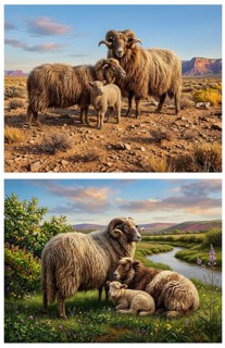 Sheep display board, heather snake above, English meat sheep below, historical illustration,