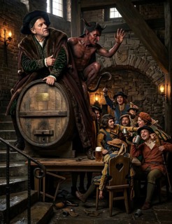 Fassritt, Faust and Mephisto riding on the wine barrel in Auerbachs Keller, scene from Faust by