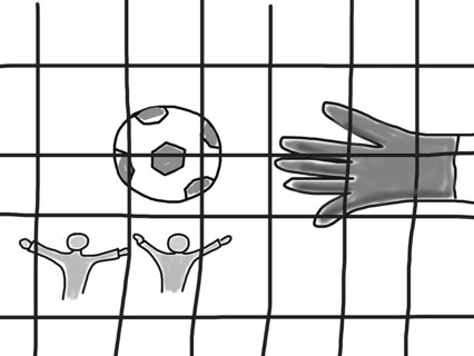 Naive illustration, children's drawing, fans cheering for soccer goal in the stadium, goalie