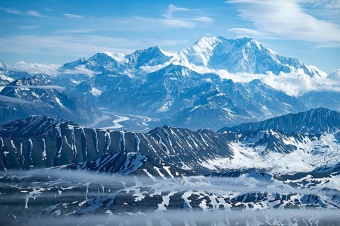 Panorama, clouds over high mountains, Mt Denali or Mount McKinley, aerial view, Alaska Range,