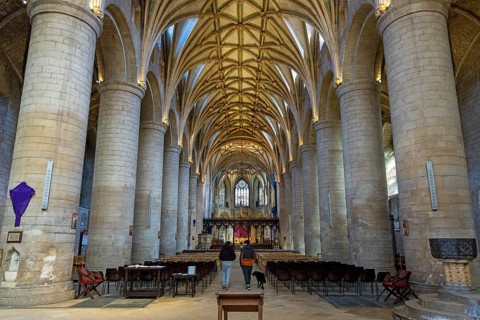 Nave, interior view, people, dog, former abbey church, Tewkesbury, Gloucestershire, England, Great