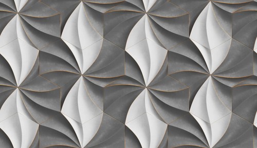 3D expensive wallpaper of architectural modules is black and brown with red gold frayed edges.