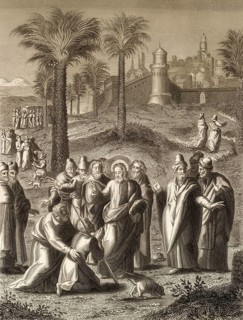 Healing a blind man near Jericho, New Testament, steel engraving 1853, digitally restored