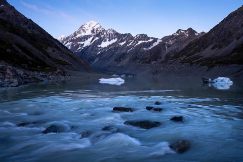 Mountainous landscape. Hooker Lake, Hooker River, and Aoraki Mount Cook. evening mood. Aoraki Mount