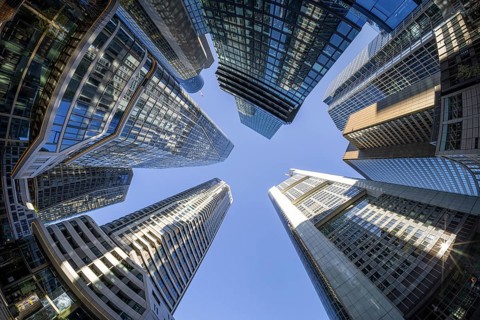 The skyscrapers of Frankfurt's skyline rise far into the sky, Frankfurt am Main, Hesse, Germany