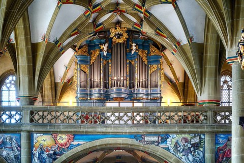 Interior photo, organ in the gallery, vaulted ceiling, evangelical town church, Bad Wimpfen,